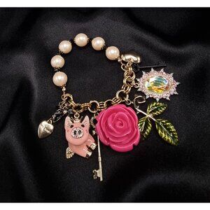 Rare Find Betsey Johnson Rare Charm Bracelet W/ Pearls Pink Rose Pig Key